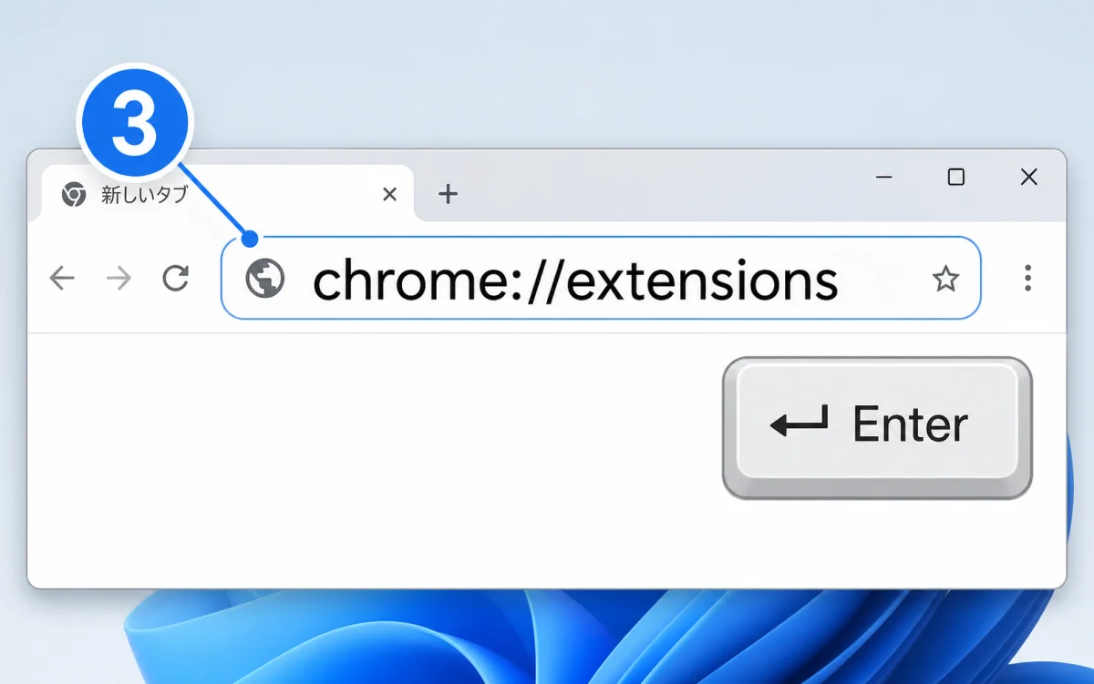 Chromeのアドレスバーにchrome://extensionsと入力する画面
